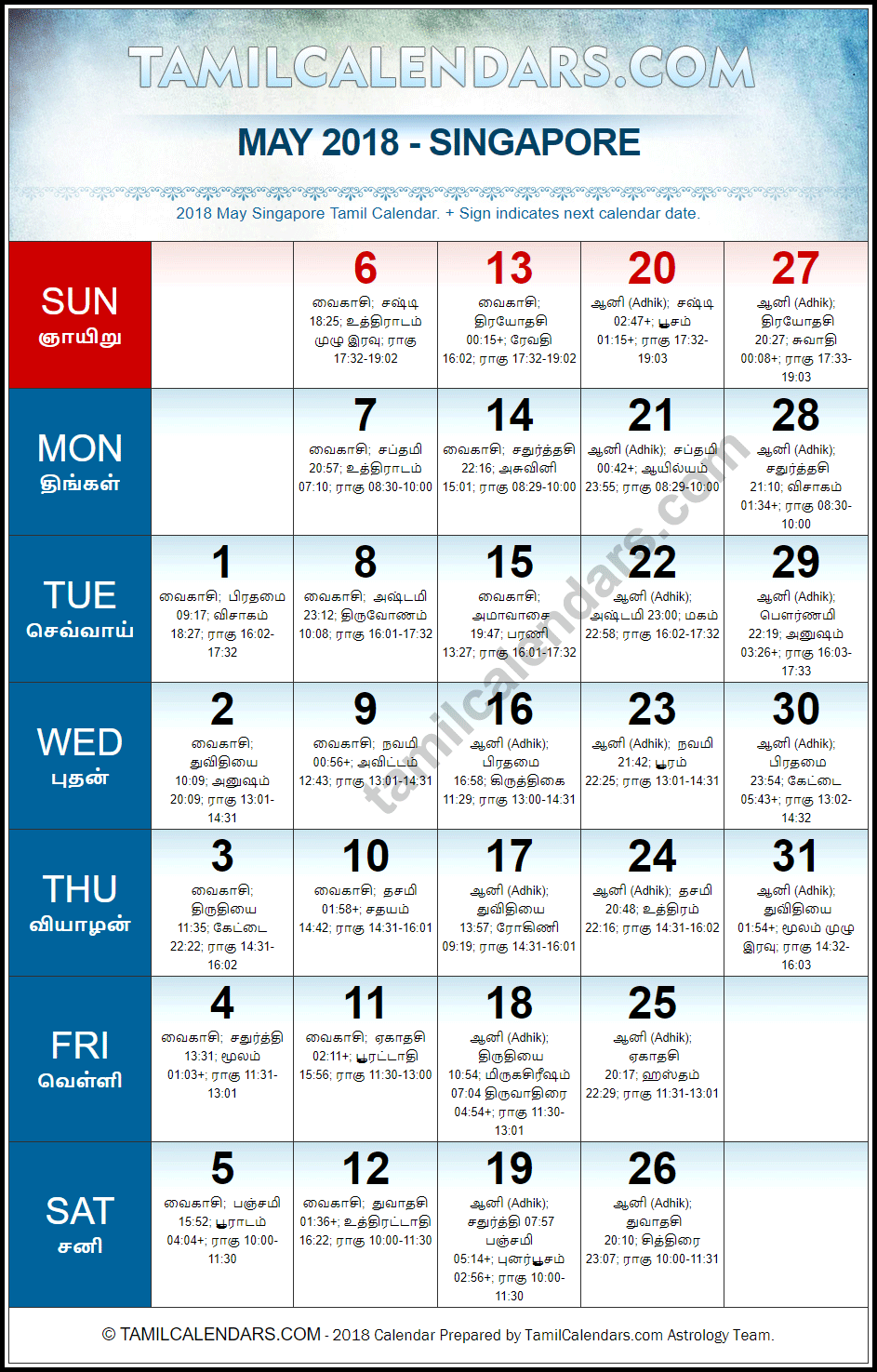May 2018 Tamil Calendar for Singapore