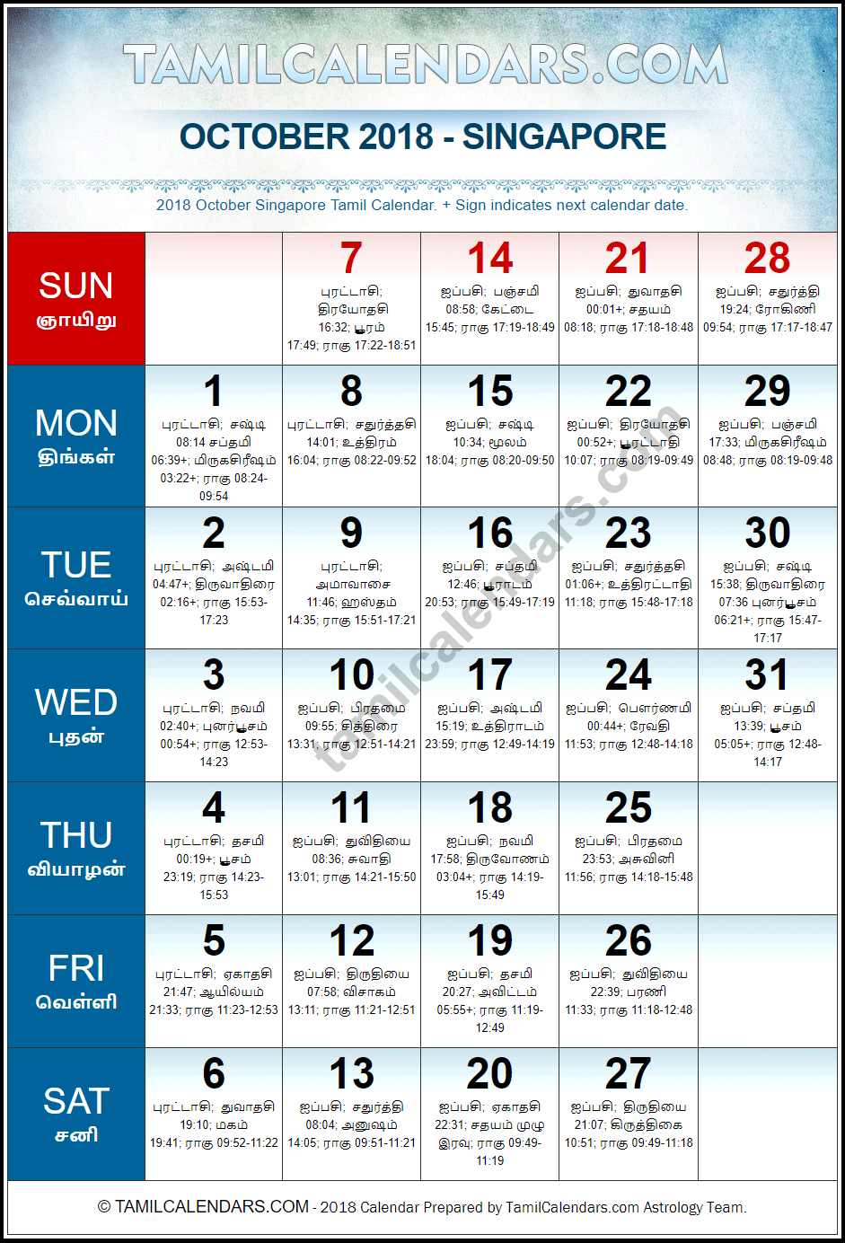 October 2018 Tamil Calendar for Singapore