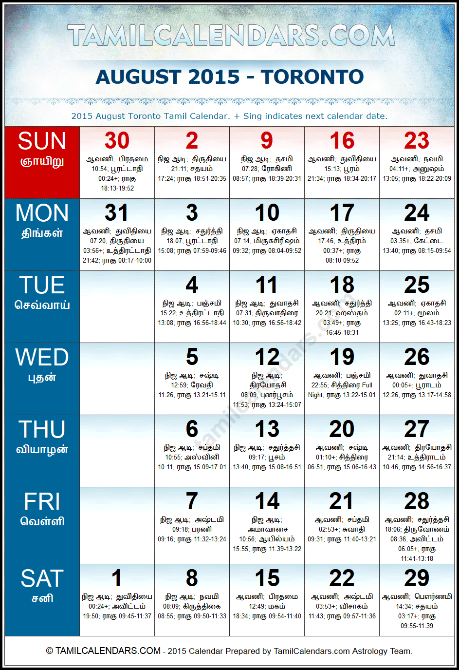 August 2015 Tamil Calendar for Toronto, Canada