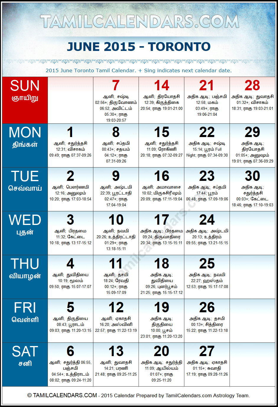 June 2015 Tamil Calendar for Toronto, Canada