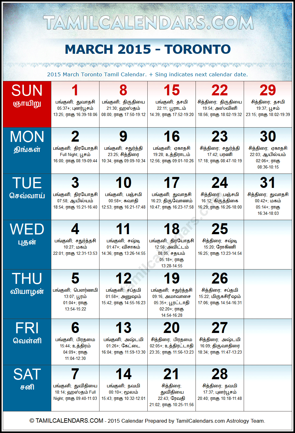 March 2015 Tamil Calendar for Toronto, Canada