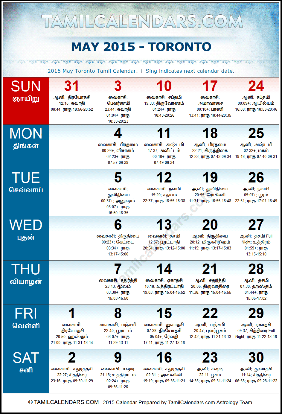 May 2015 Tamil Calendar for Toronto, Canada