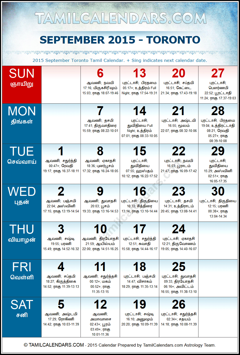 September 2015 Tamil Calendar for Toronto, Canada