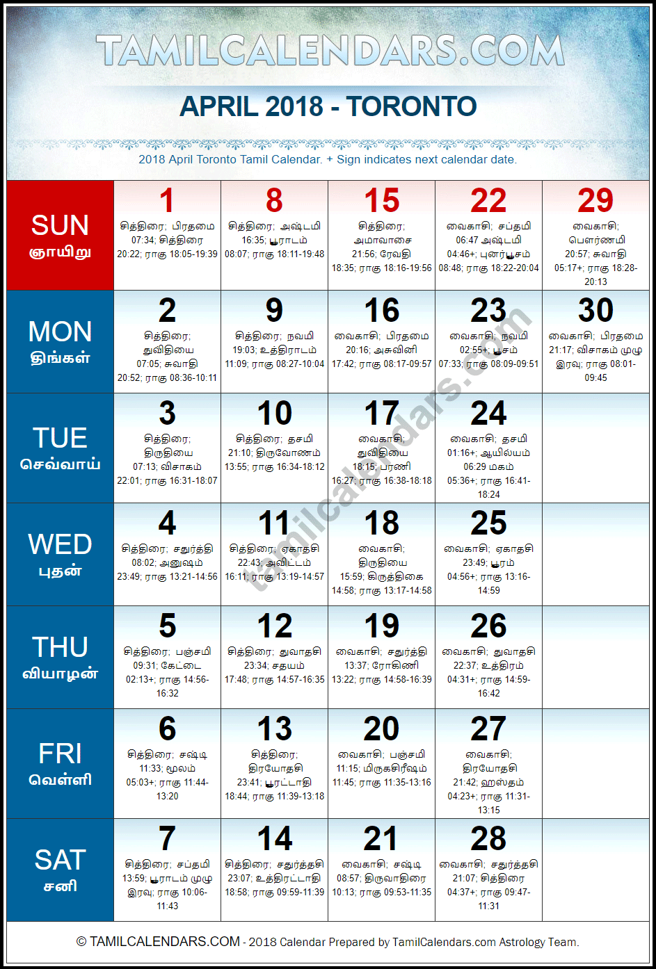 April 2018 Tamil Calendar for Toronto, Canada