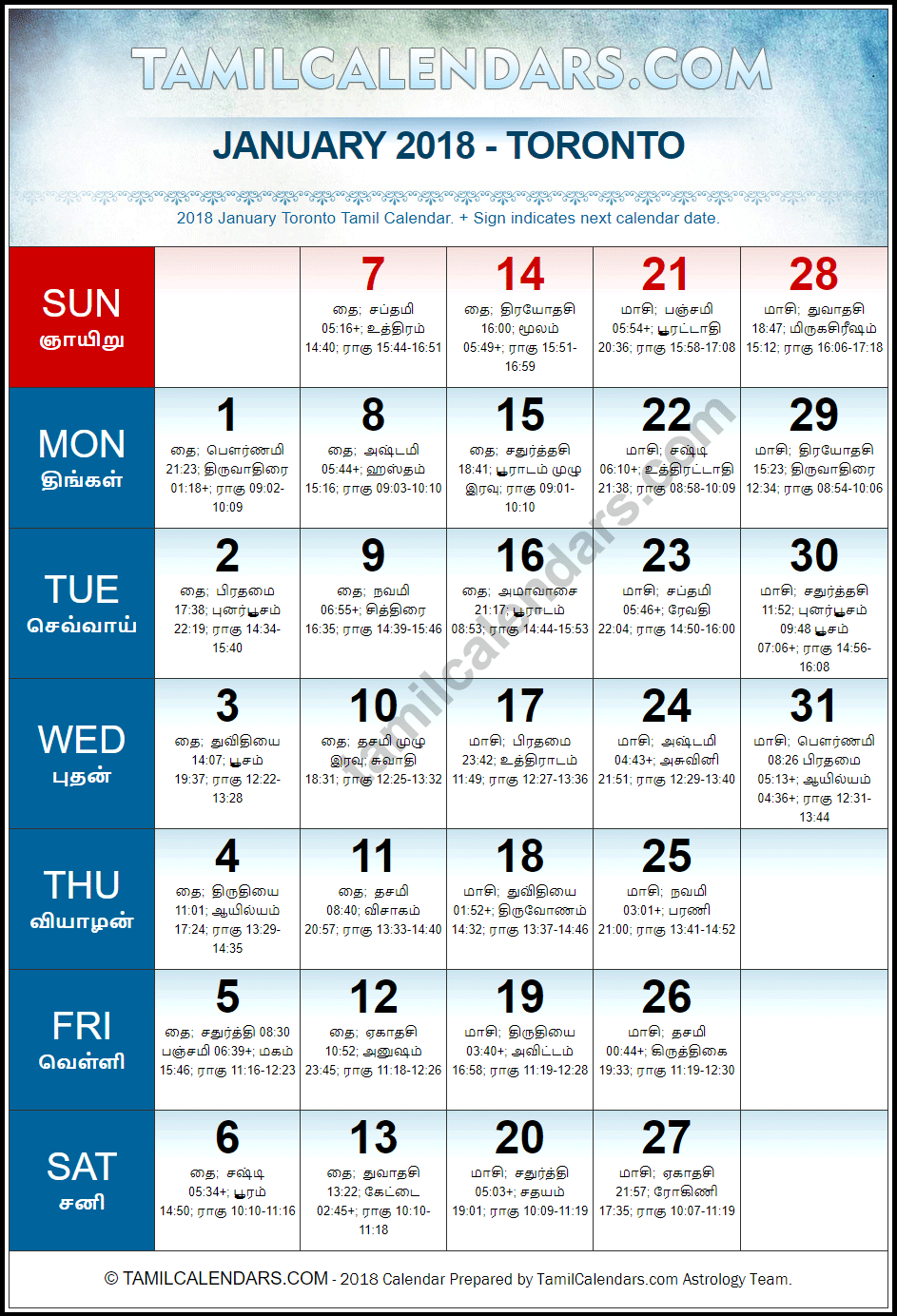 January 2018 Tamil Calendar for Toronto, Canada