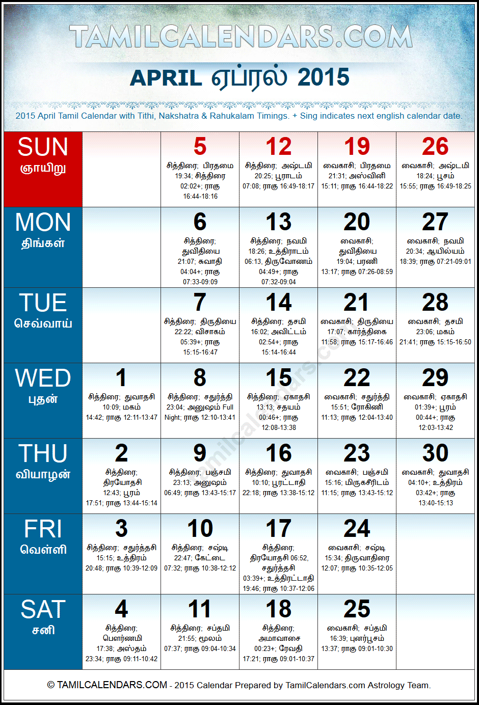 April 2015 Tamil Calendar, Manmatha Varusham Calendar