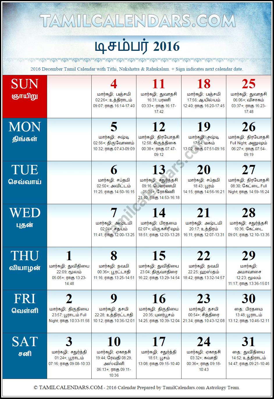 December 2016 Tamil Calendar