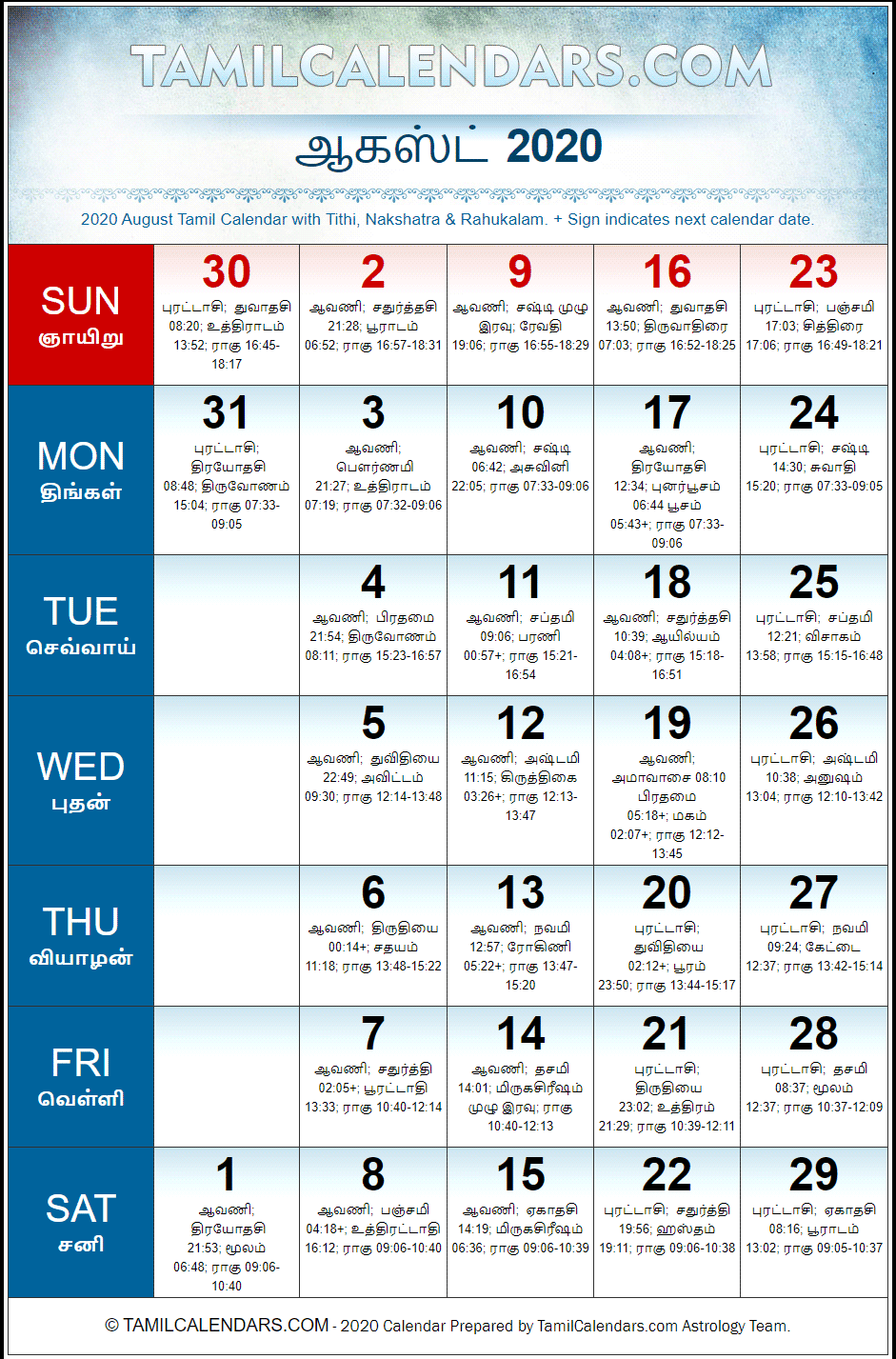 August 2020 Tamil Calendar