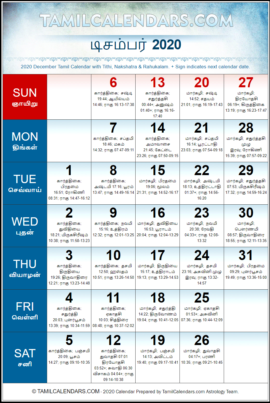December 2020 Tamil Calendar