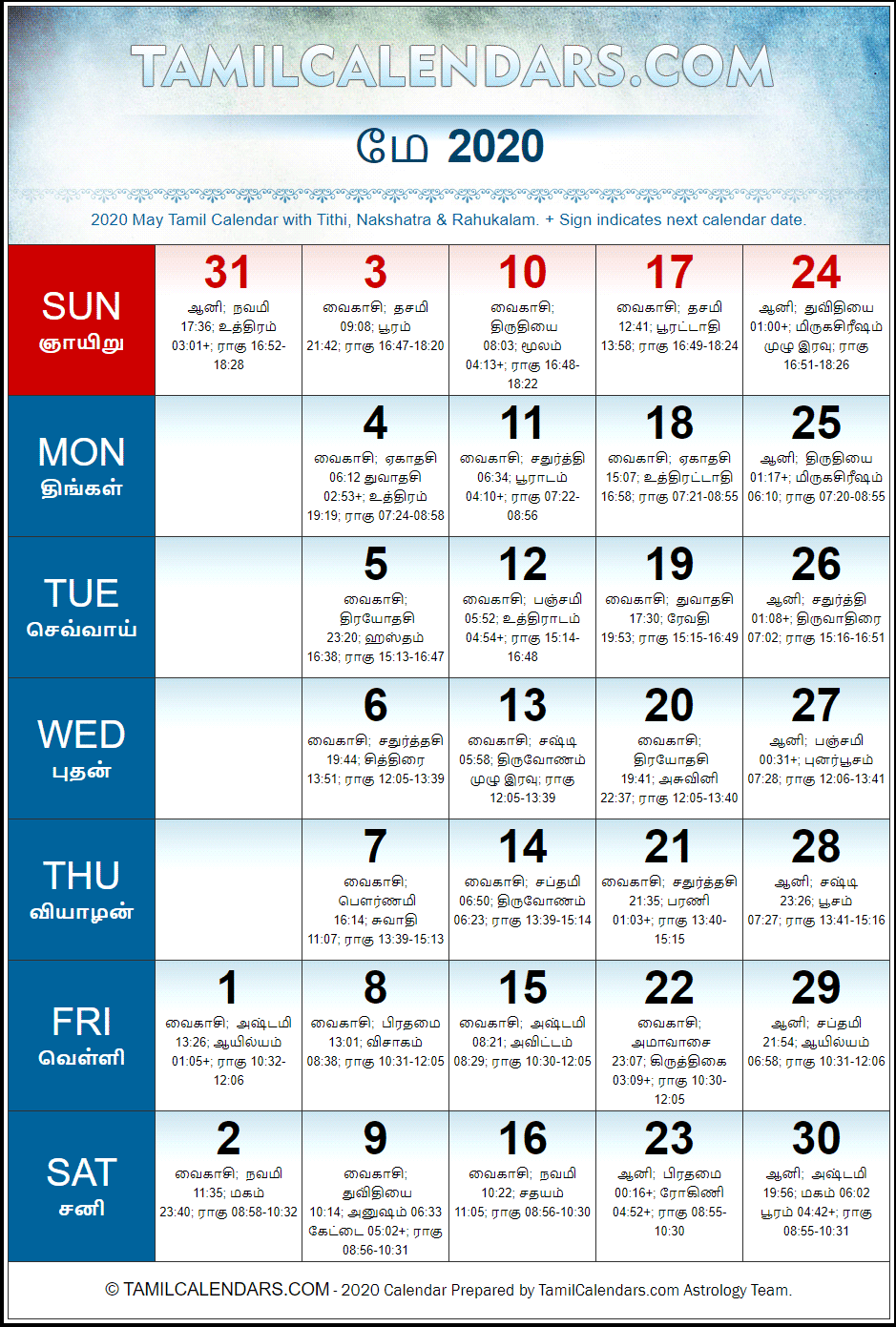 May 2020 Tamil Calendar