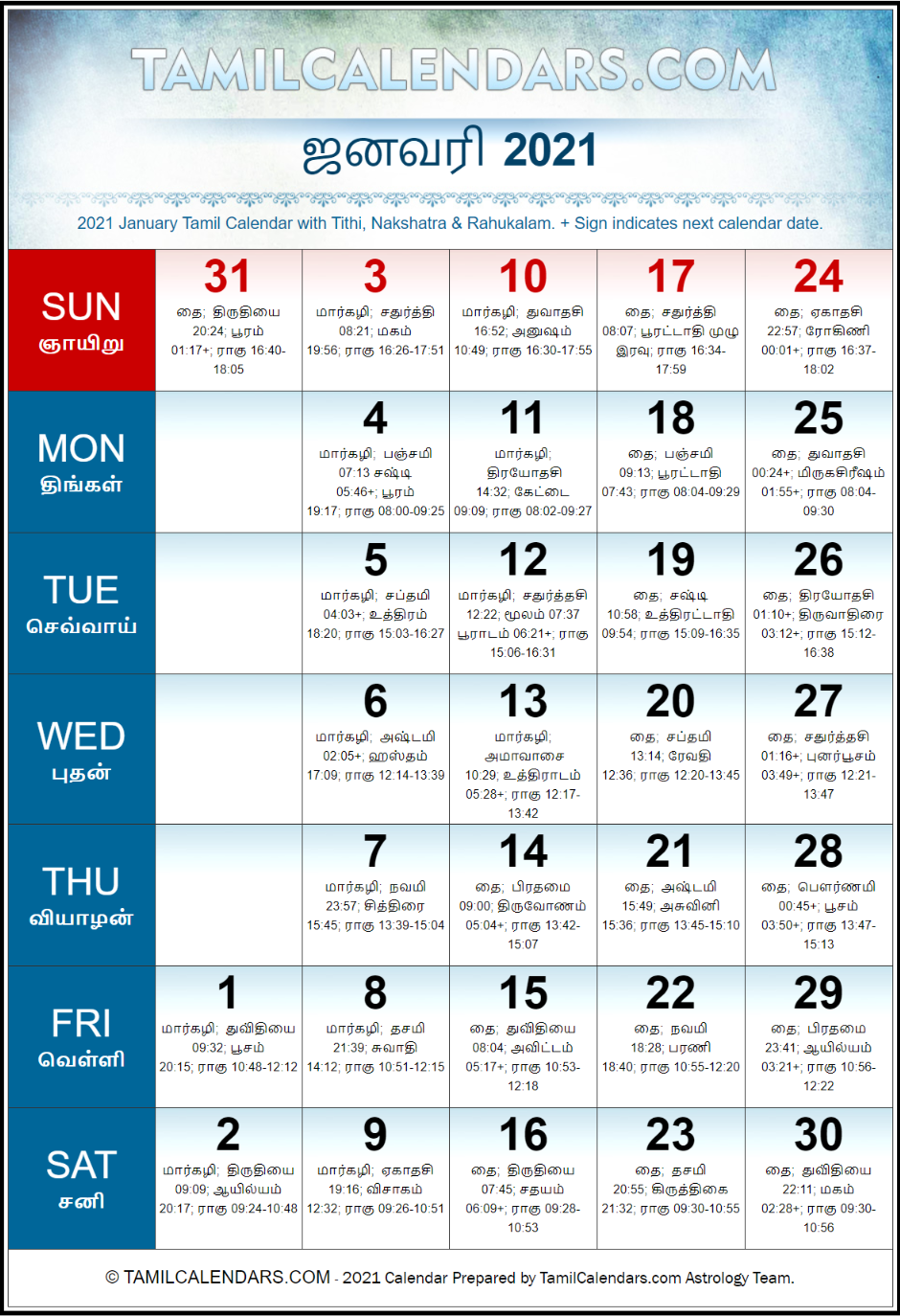 January 2021 Tamil Calendar