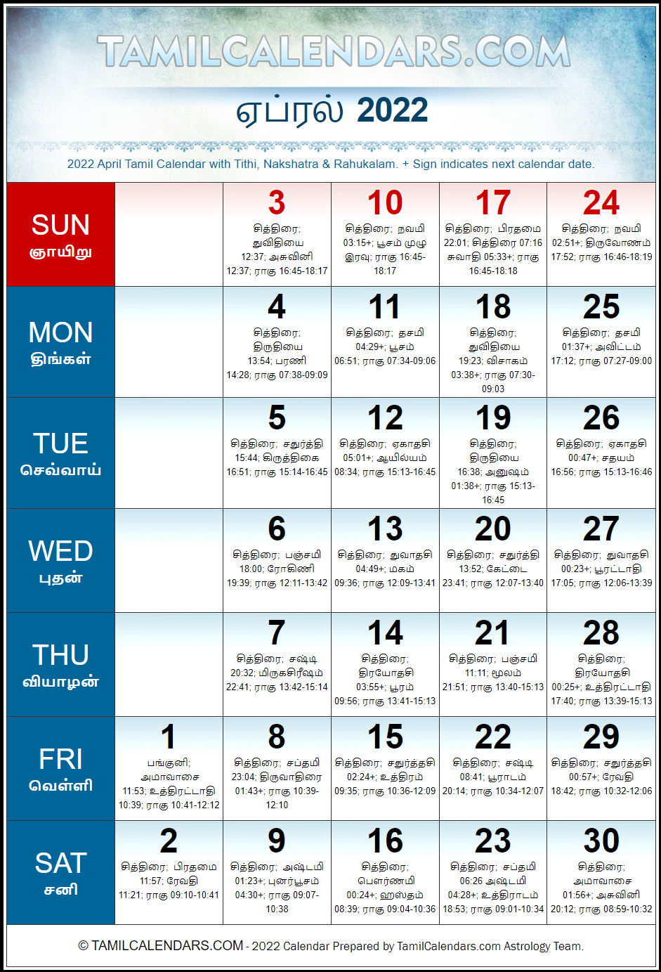 April 2022 Tamil Calendar