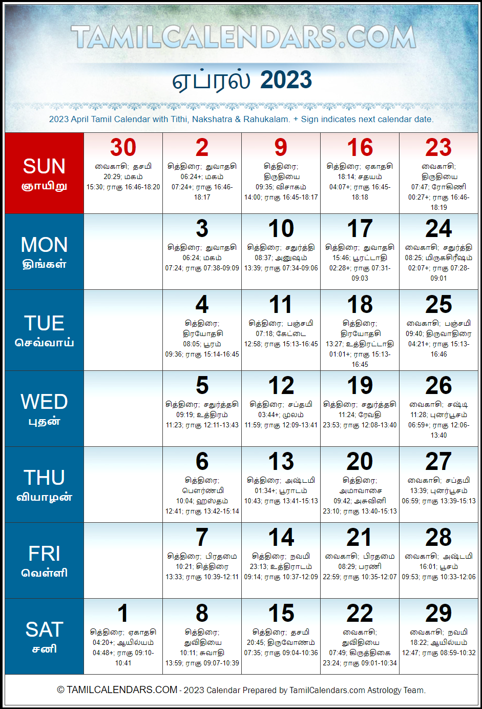 April 2023 Tamil Calendar