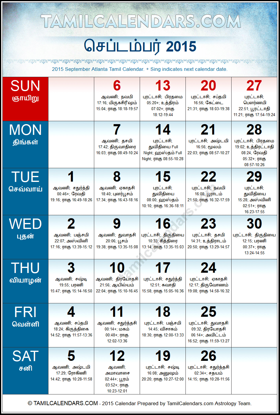 September 2015 Tamil Calendar for Atlanta, USA