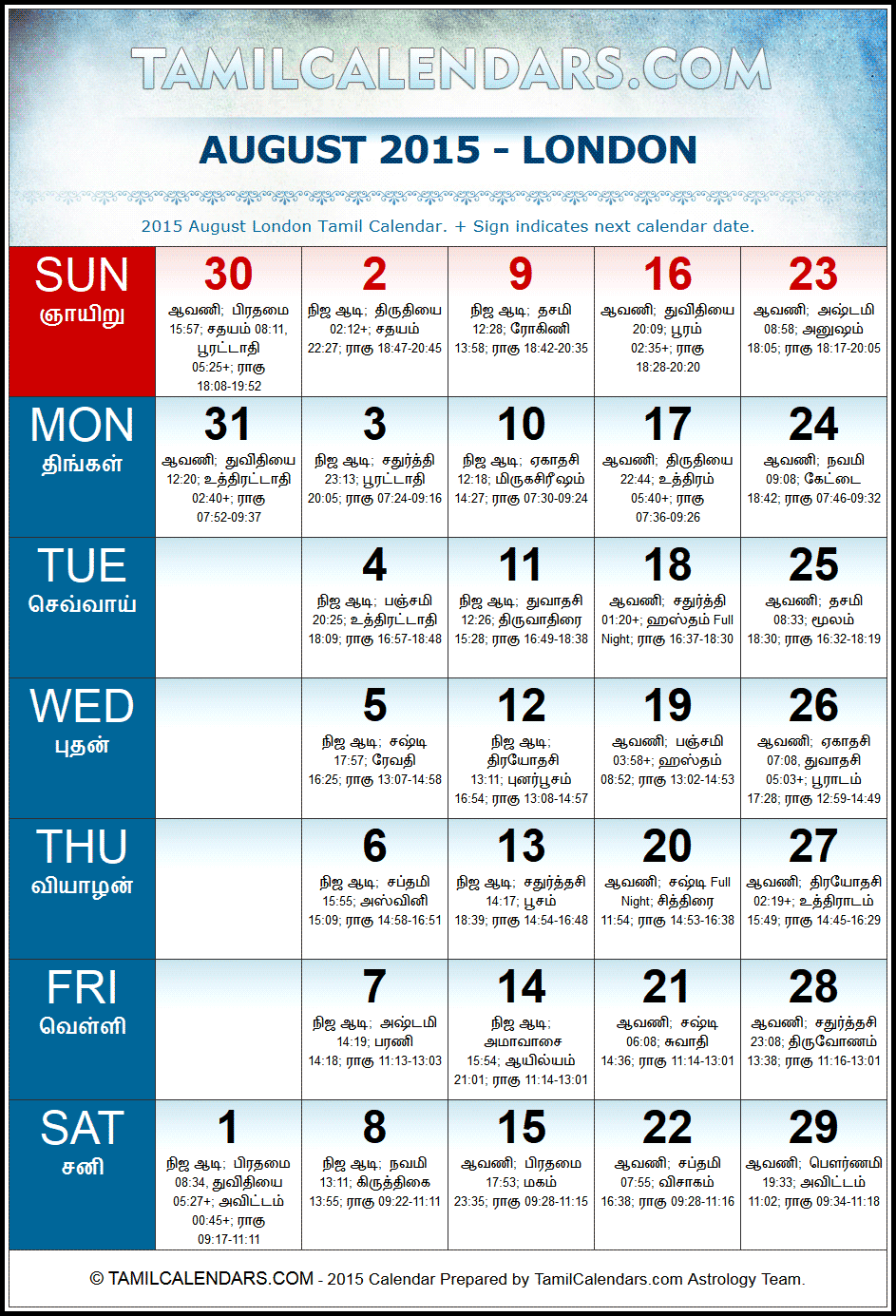 August 2015 Tamil Calendar for London, UK