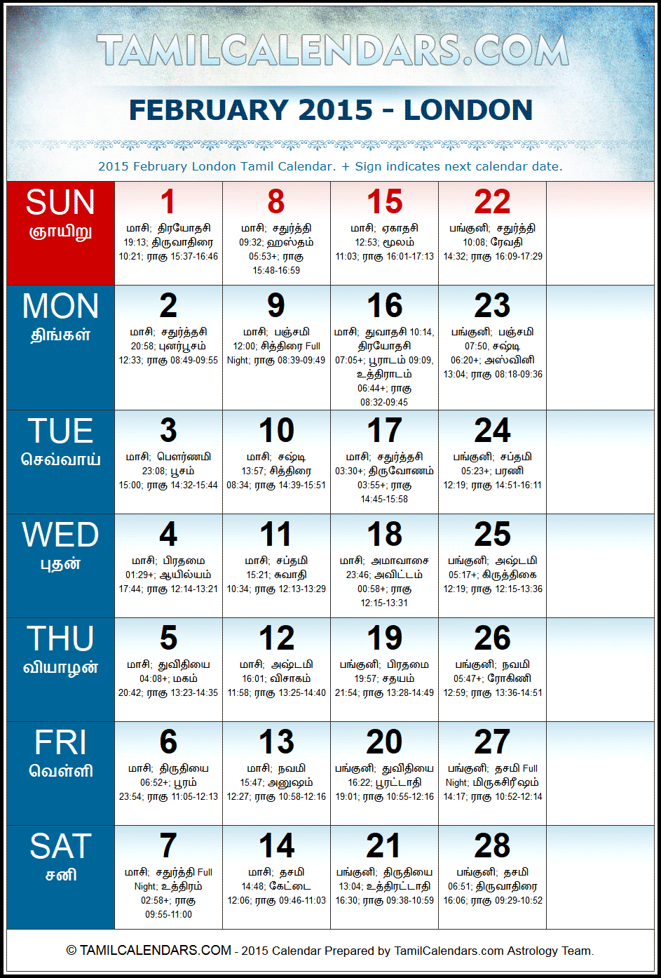 February 2015 Tamil Calendar for London, UK