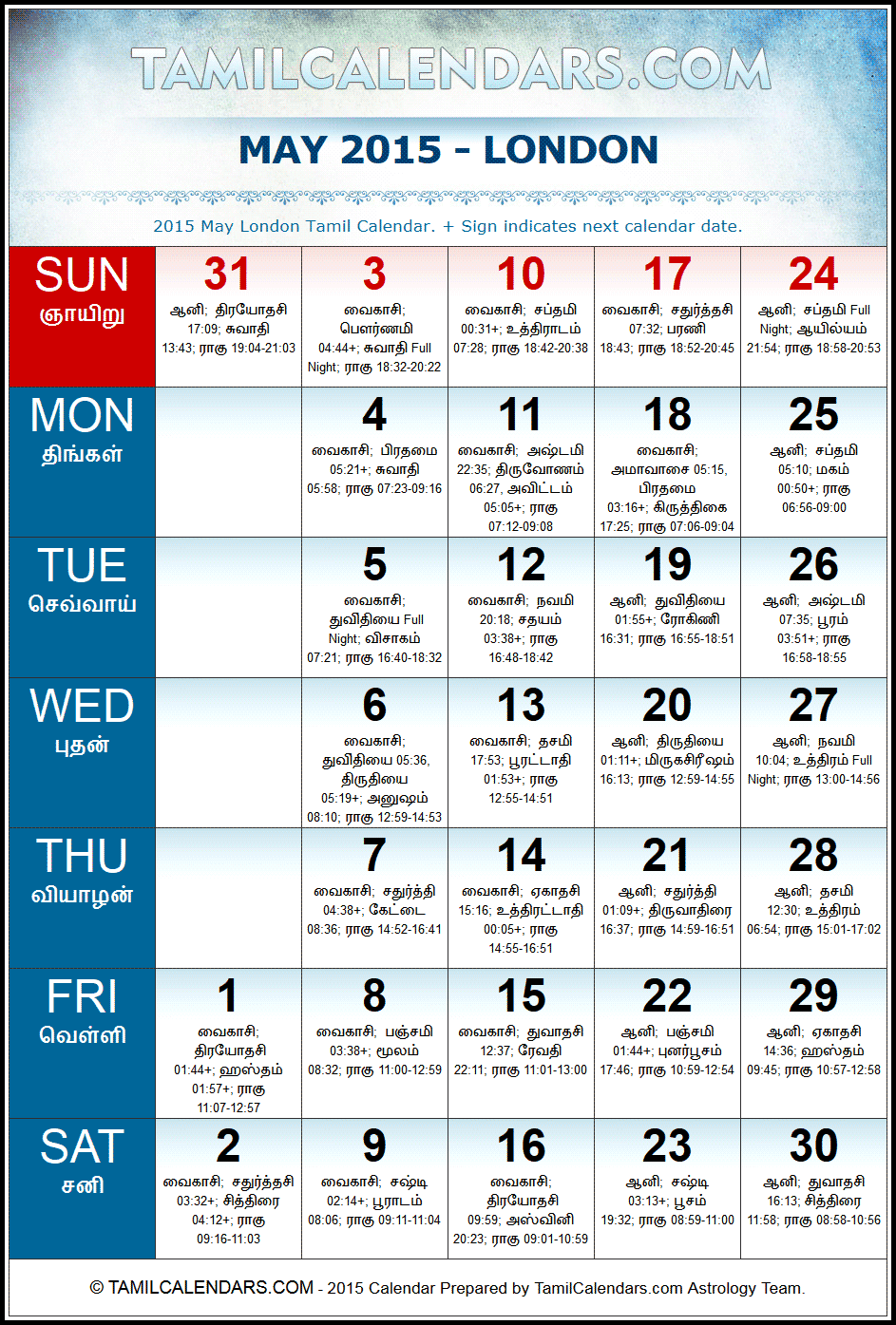 May 2015 Tamil Calendar for London, UK