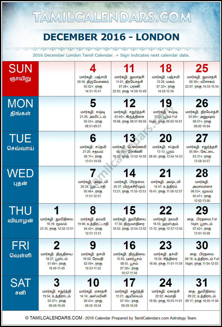 December 2016 London Tamil Calendar Download UK Tamil Calendars PDF