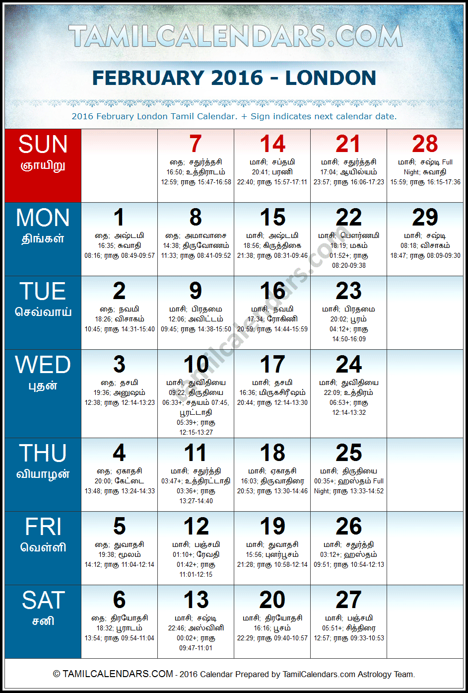 February 2016 Tamil Calendar for London, UK