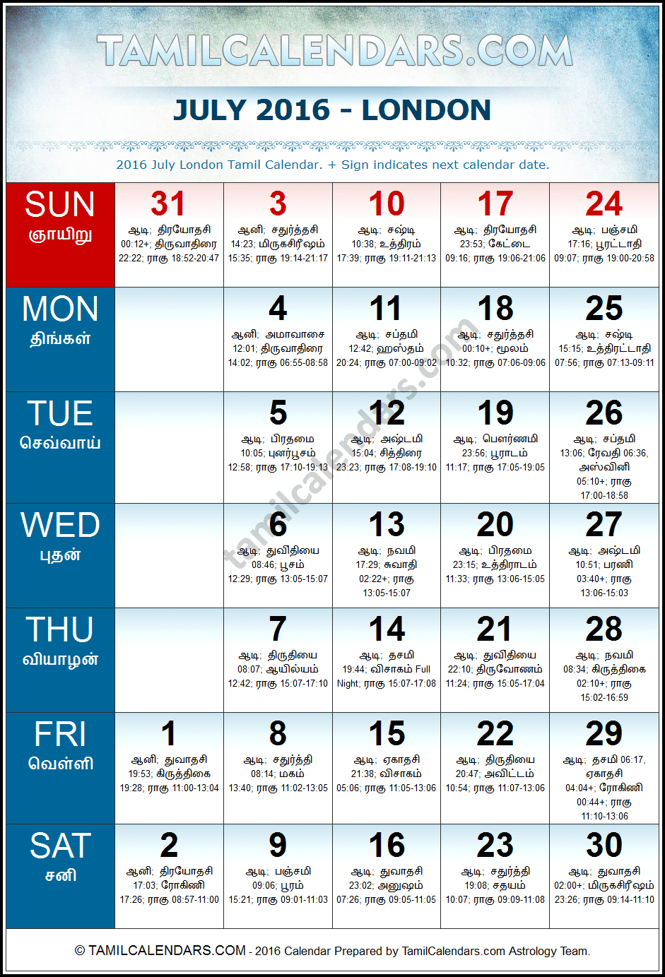 July 2016 Tamil Calendar for London, UK