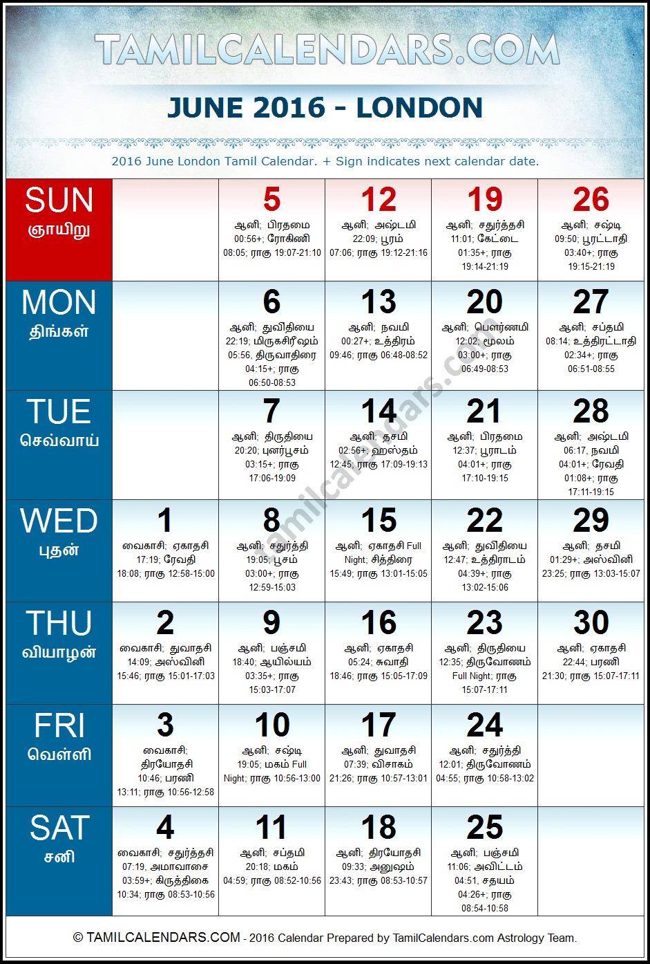 June 2016 Tamil Calendar for London, UK