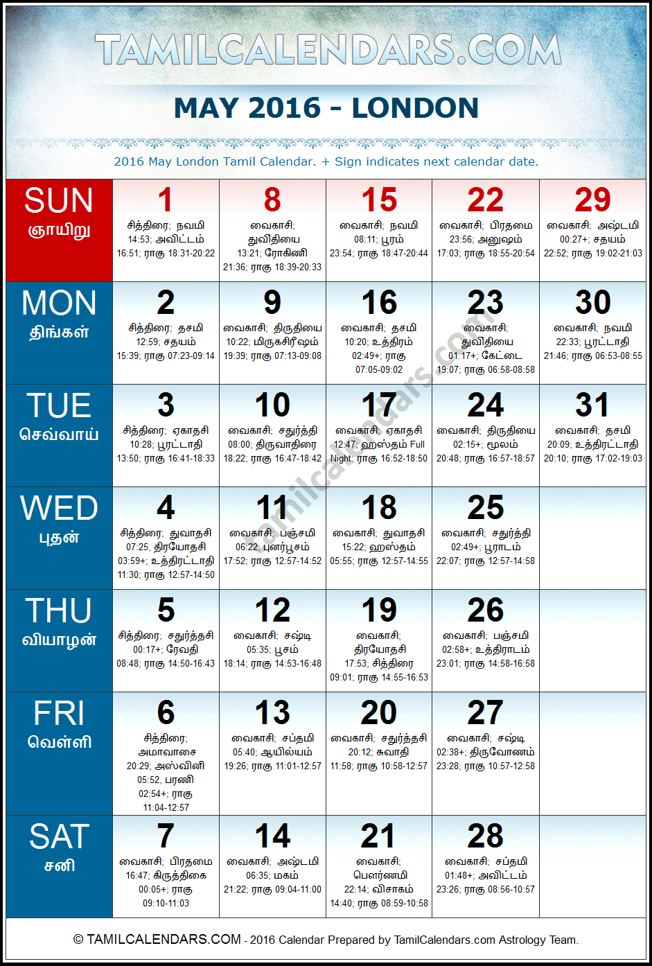 May 2016 Tamil Calendar for London, UK