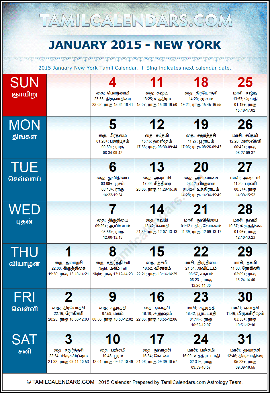 January 2015 Tamil Calendar for New York, USA