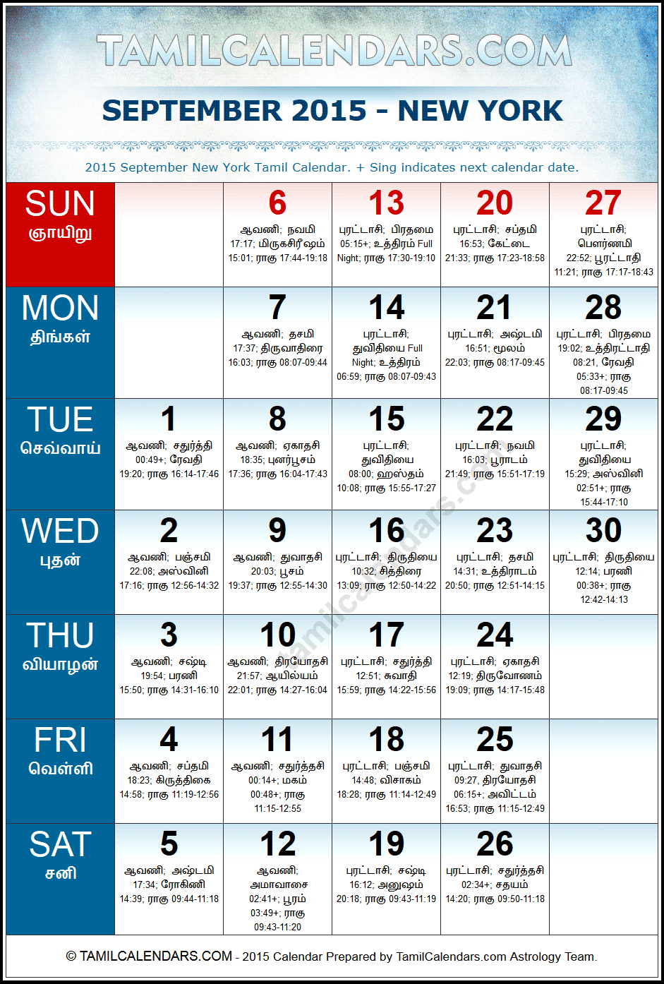 September 2015 Tamil Calendar for New York, USA