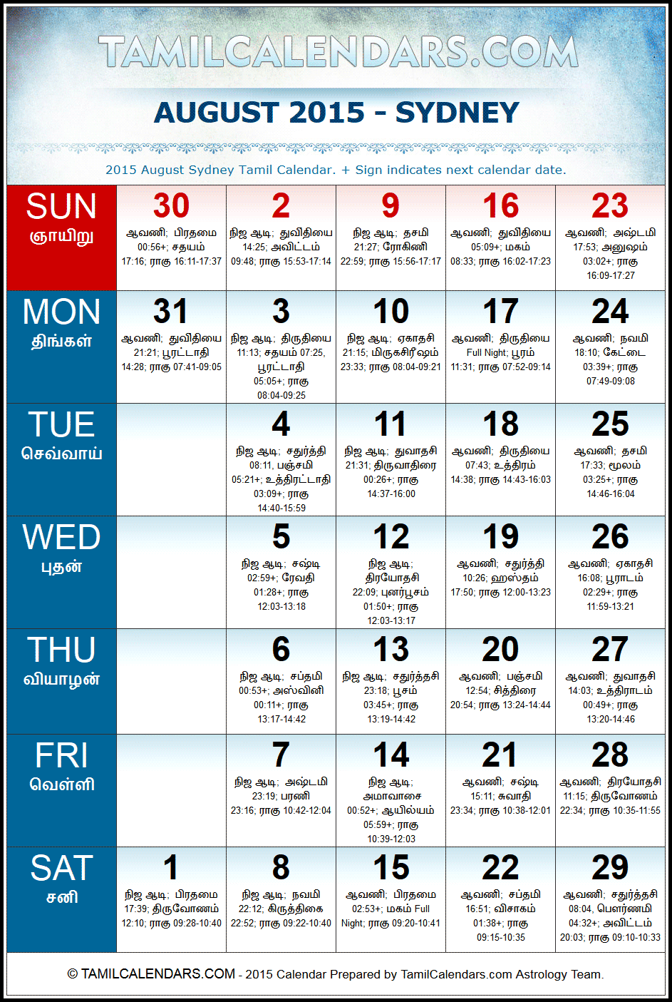 August 2015 Tamil Calendar for Sydney, Australia