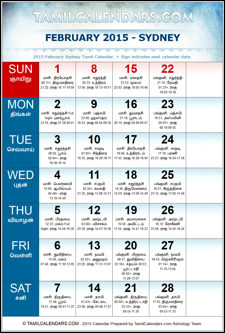 February 2015 Tamil Calendar for Sydney, Australia